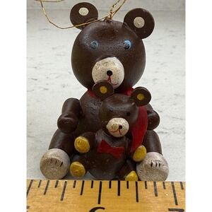 Vintage Wooden Teddy Bear Ornament with‎ Baby Bear and Red Bow Country Decor